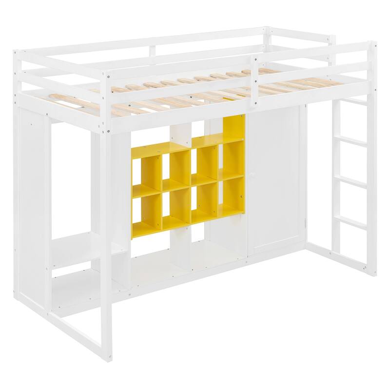 Twin/Full Size Versatile Loft Bed with Wardrobe, Storage Bed Frame with Multi-Shelves and Clothes Hanging Rod