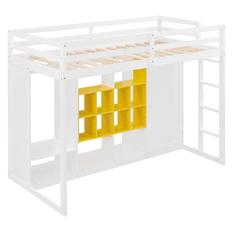 White and Yellow Twin Size Wood Loft Bed with Wardrobe, Shelves, and Cabinet