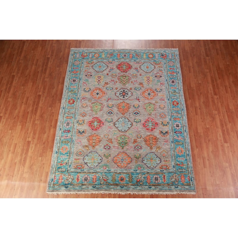 Geometric Oushak Oriental Area Rug Hand-Knotted Wool Carpet - 8'0" x 10'1"