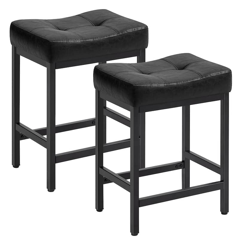 Upholstered PU Leather Bar Stools Set of 2, 24" Counter Height Saddle Bar Stools