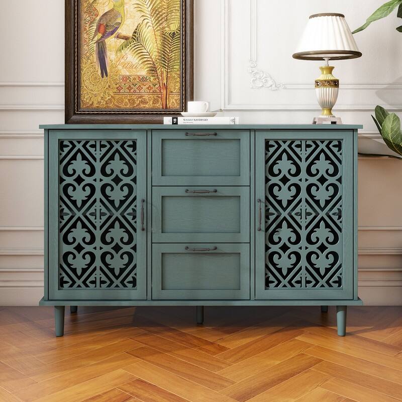 American Style Wood Sideboard Buffet Cabinet with 3 Storage Drawers and 2 Doors - Dark Green