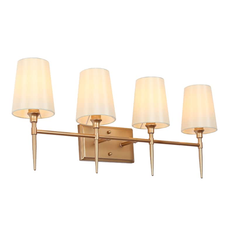 Barr Mid-Century Modern Gold 4-Light Bathroom Vanity Lights Fabric Wall Sconces - W 29" x D 6.5" x H 12"