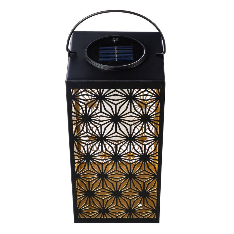 Glitzhome 11"H Black Metal Cutout or Square Textured Glass Pattern Solar Powered Hanging Lantern with LED Light