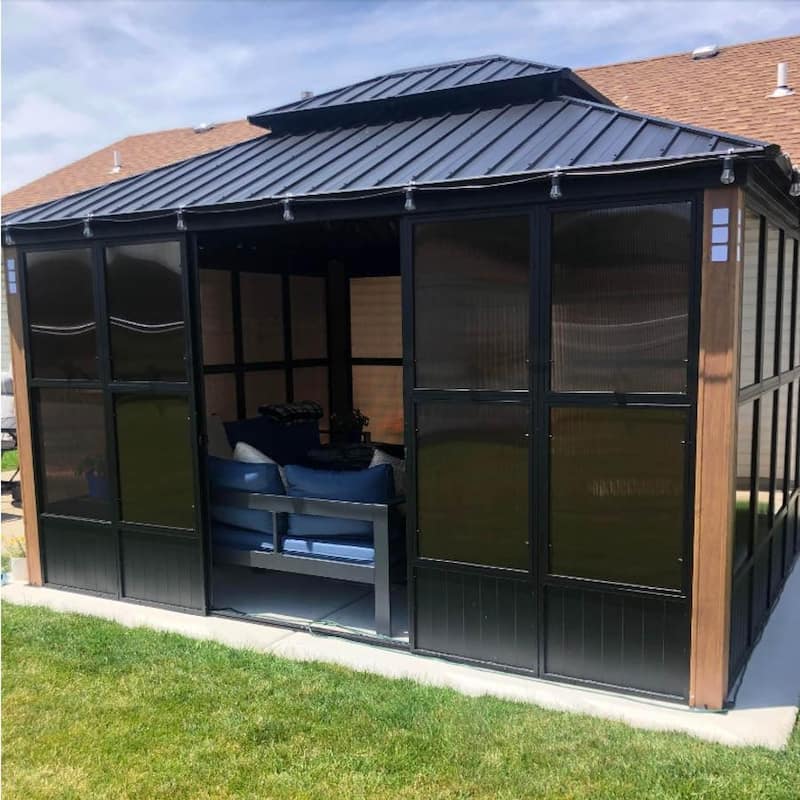 PURPLE LEAF Double Top Outdoor Wood Grain Sunroom All-Weather Screen House Patio Hardtop Gazebo