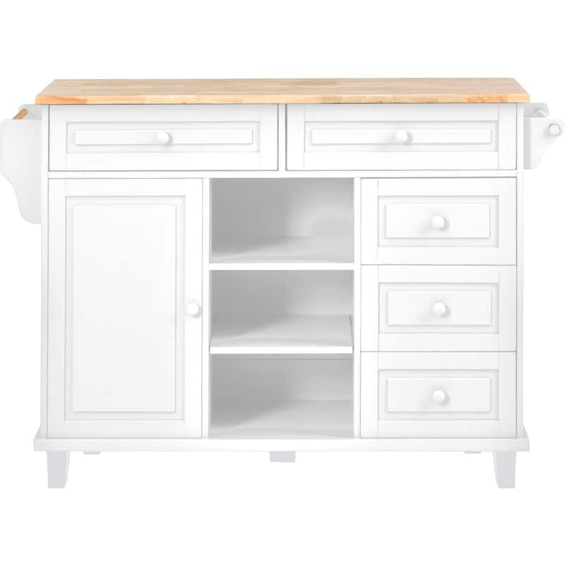 Kitchen Island Cart with Rubber Wood Desktop and 5 Storage Draws, Rolling Roller Storage Cabinet for Dining Room, Home Bar