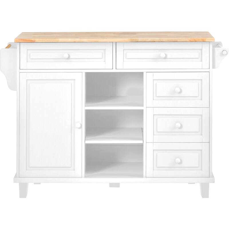 Rolling Kitchen Island Cart with Rubber Wood Top, 5 Drawers, Storage Cabinet & Adjustable Shelves - 53" Black