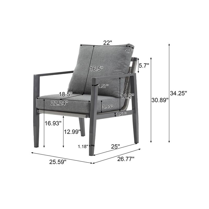 [Set of 2] Aluminum Lounge Chair with Sleek Rope Accents and Comfortable Cushions, Perfect for Modern Outdoor and Indoor Spaces