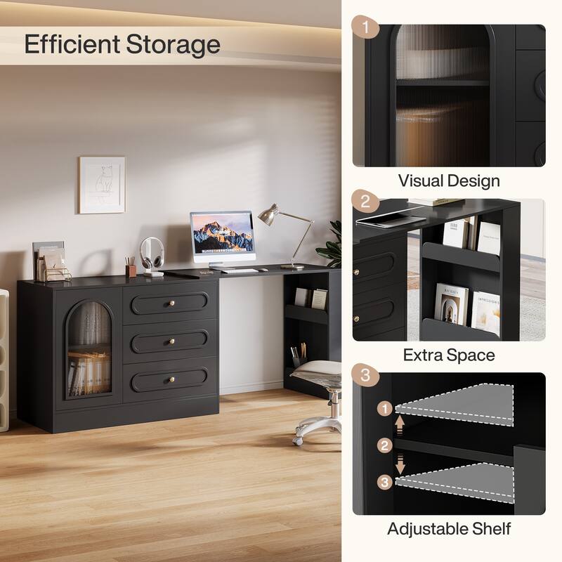 Modern 360° Rotatable Computer Desk, Executive Desk with 3 Drawers