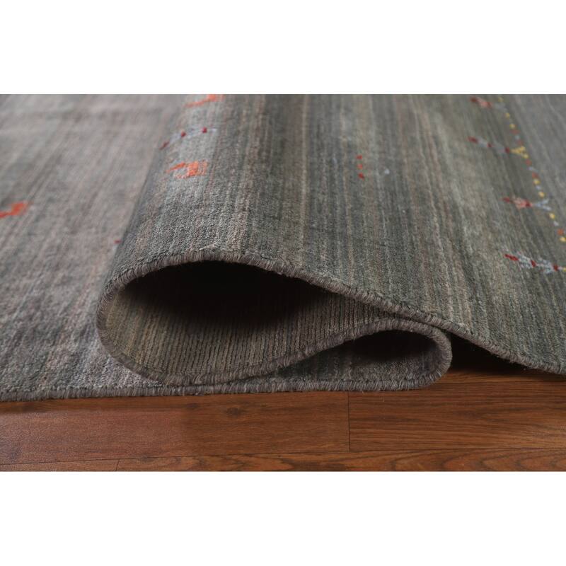 Striped Green Gabbeh Area Rug Hand-Knotted Wool Carpet - 8'10"x 11'8"