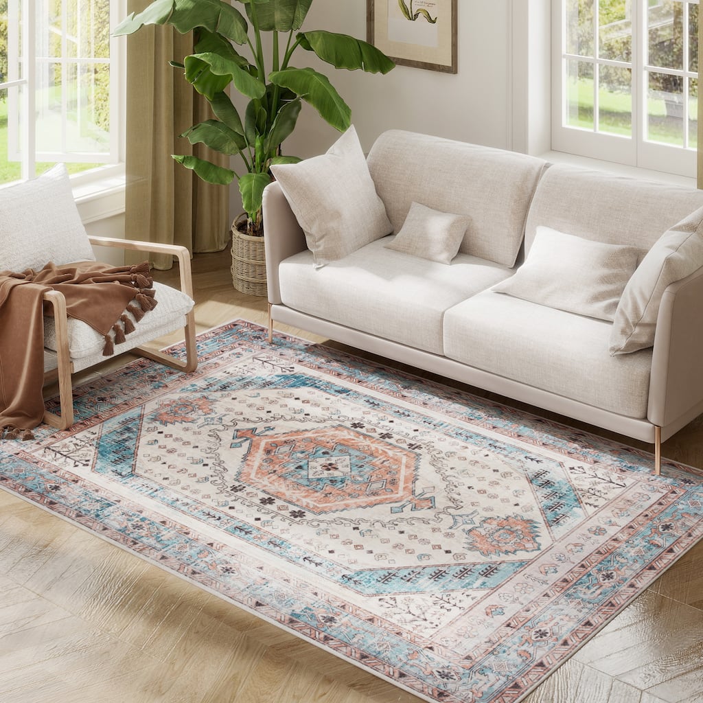 HOMCOM 4x6 Area Rug, Vintage Machine Washable Rug, Non-Slip Floor Carpet for Living Room, Bedroom, Dining Room, Home Office