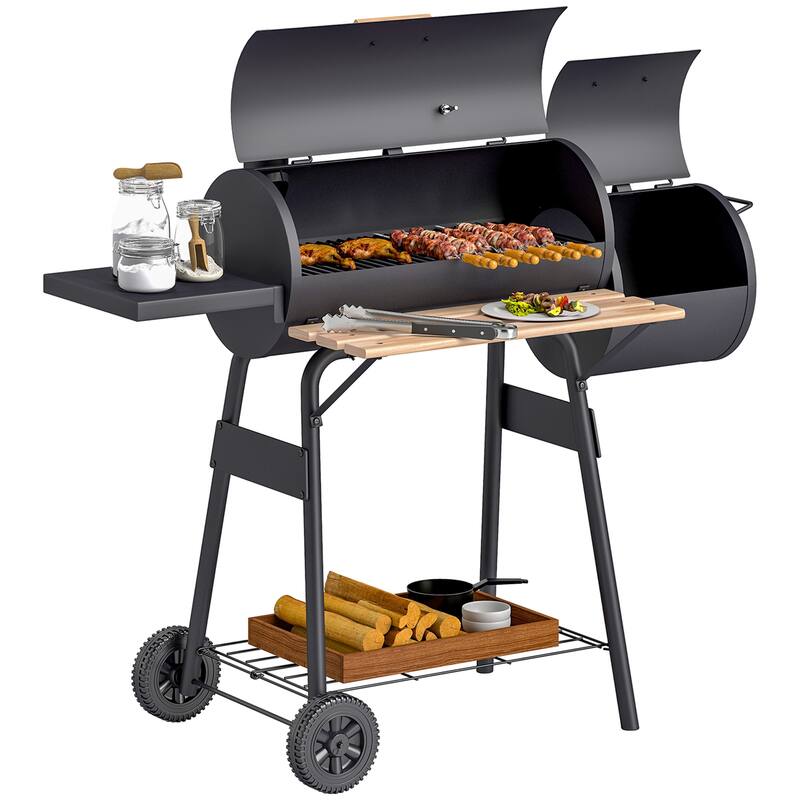 Outsunny Steel Portable Backyard Charcoal BBQ Grill and Offset Smoker - N/A