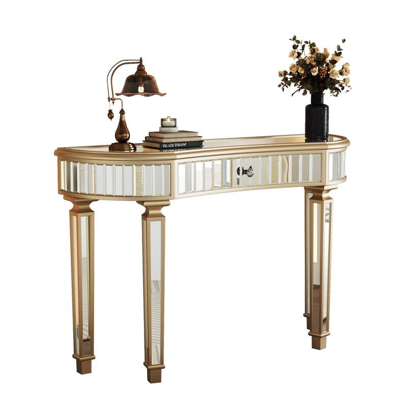Roomfitters 47" Half-Moon Mirrored Console Table, Fluted Glass Entryway Vanity with Crystal Knob Drawer