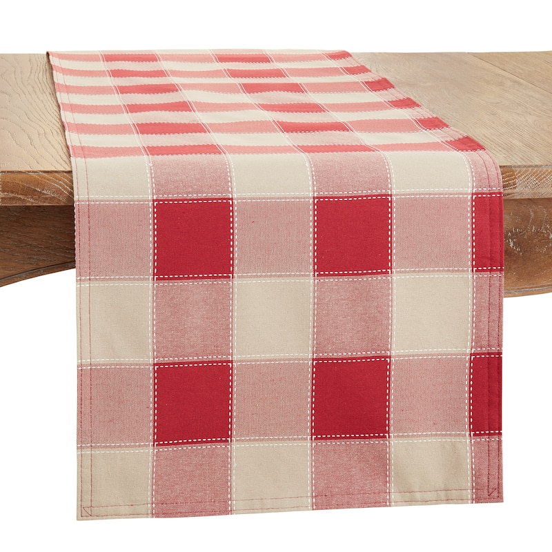 Stitched Design Plaid Table Runner - 16"x72" - Red