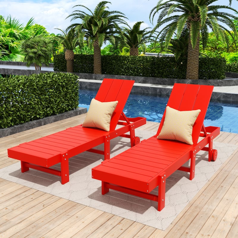 Shoreside Modern Poly Eco-Friendly All Weather Reclining Chaise Lounge With Wheels (Set Of 2) - Red