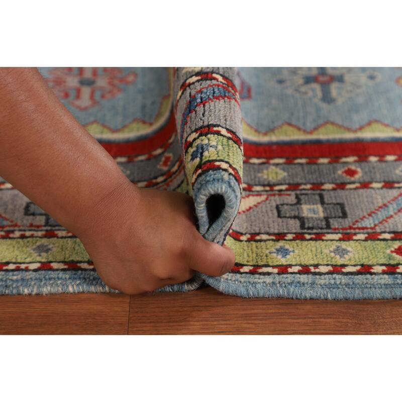 Light Blue Geometric Kazak Foyer Rug Hand-Knotted Wool Carpet - 3'6" x 5'3"