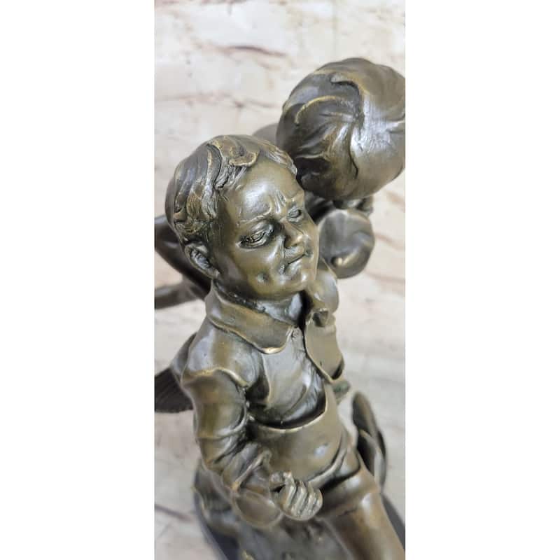 Two Running Boys With A Dog Children Bronze Sculpture Marble Base Statue Figure