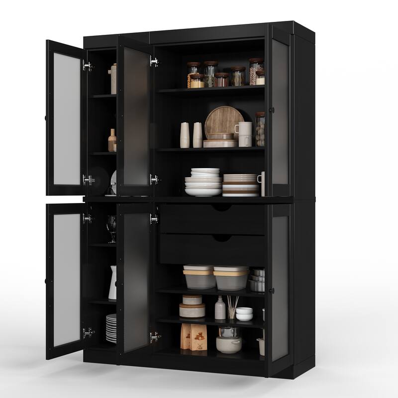 100% Solid Wood 48.5" Pantry Cabinet with Frosted Glass Doors and 2-Drawers