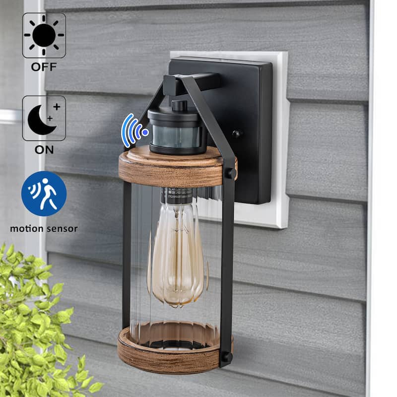 C Cattleya 2-Pack Black and Woodgrain Motion Sensor Dusk to Dawn Outdoor Wall Sconces Light