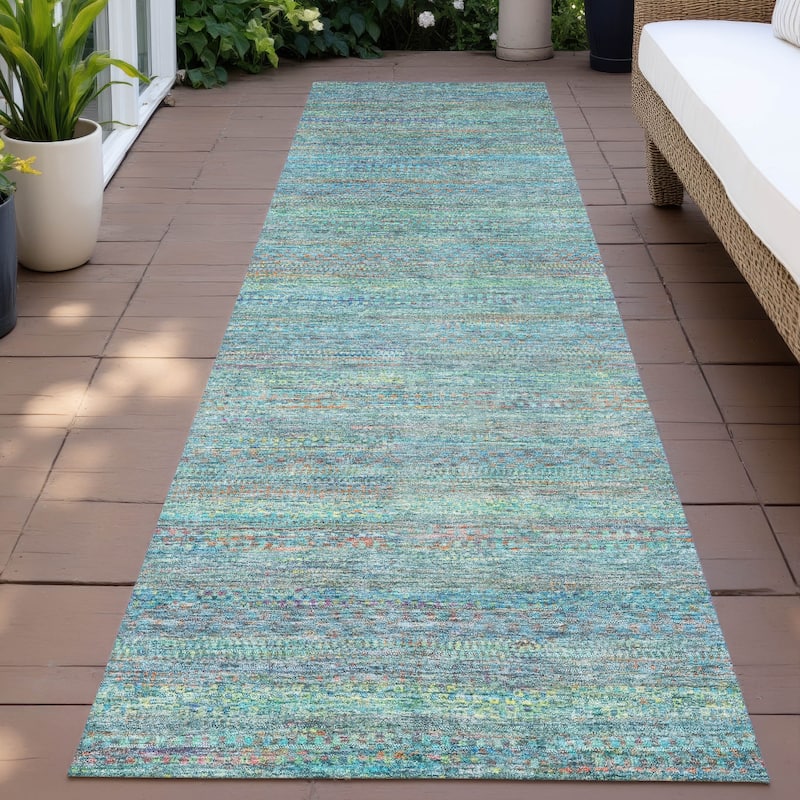 Machine Washable Indoor/Outdoor Modern Stripes Chantille Rug - Teal - 2'3" x 7'6"