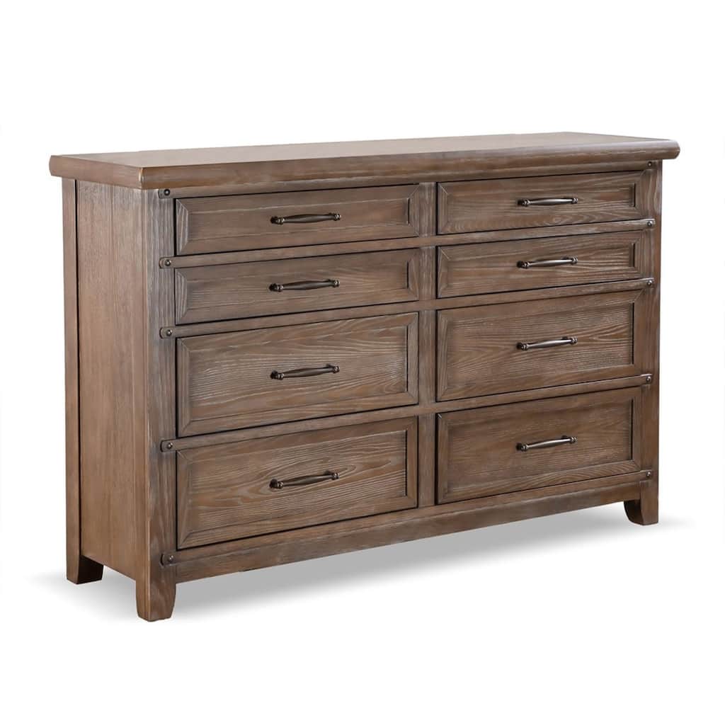Merry Wide Dresser, 8 Drawers, Brown Solid Wood, Bronze Metal