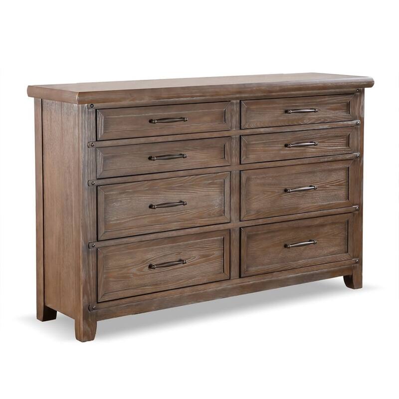 Merry Wide Dresser, 8 Drawers, Brown Solid Wood, Bronze Metal