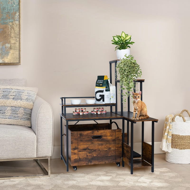 Cat Litter Box Enclosure Furniture with Flower Stand - Brown