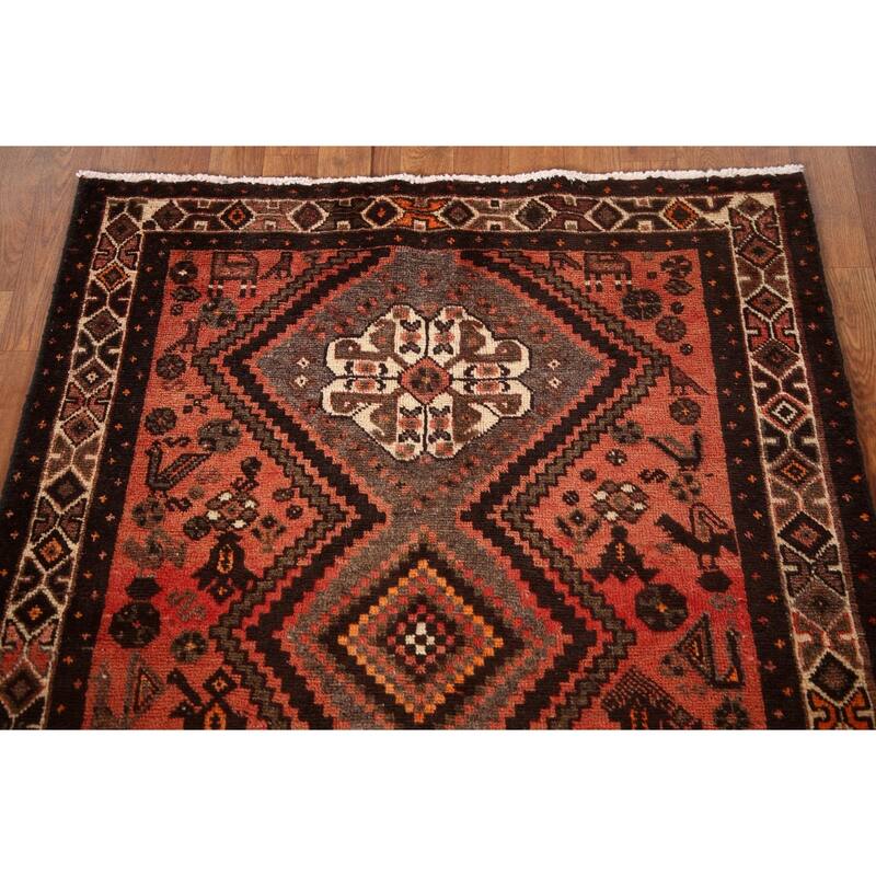 Tribal Geometric Hamedan Persian Vintage Area Rug Handmade Wool Carpet - 3'8"x 4'10"