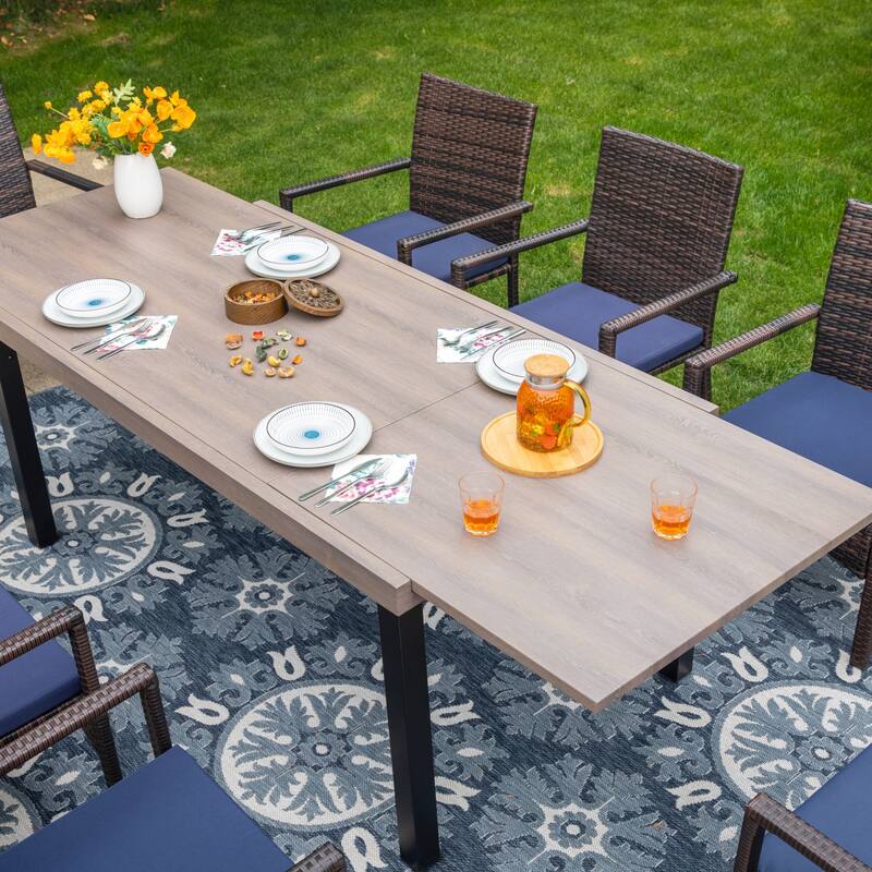 7/9-piece Patio Dining Set, Expendable Rectangular Outdoor Dining Table with Rattan Chairs