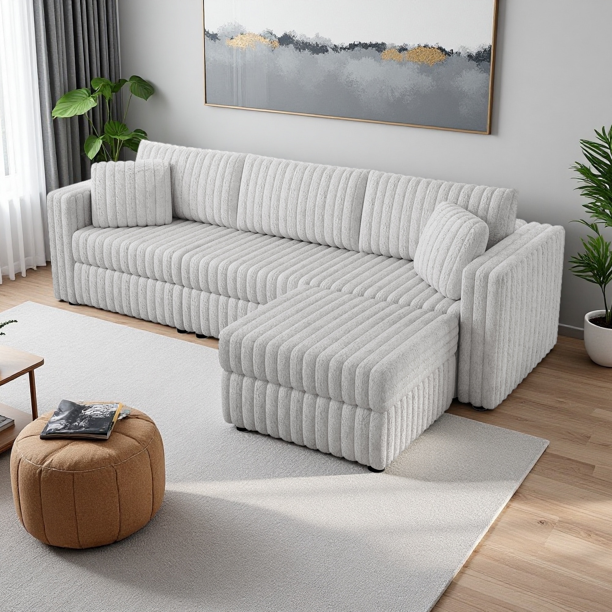 106.3" Microfiber Modular 3-Seater Sectional Sofa with Hydraulic Storage & Ottoman