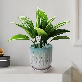 8" Striped Ceramic Flowerpot Windowsill Modern Garden Planter with Drainage Hole (Set of 2) - 7.48 in.W x 7.48 in.D x 8.07 in.H