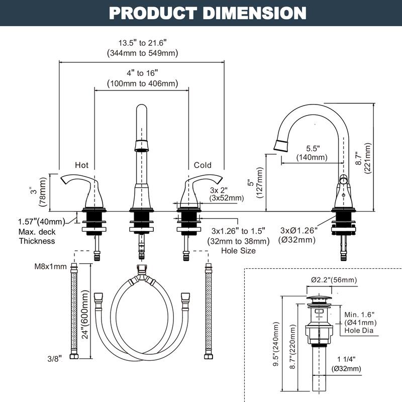 WOWOW 3-Hole Widespread Double Handle Bathroom Faucet