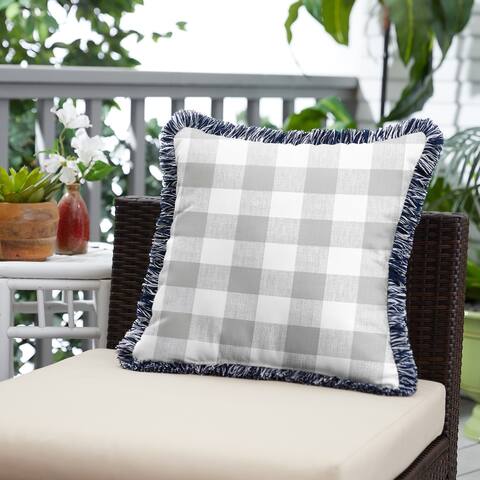 Grey Plaid Indoor/Outdoor Square Pillow with Fringe