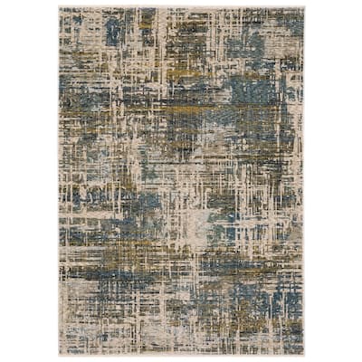 Style Haven Hendrix Abstract Etchings Blue/ Gold Fringe Edge Area Rug