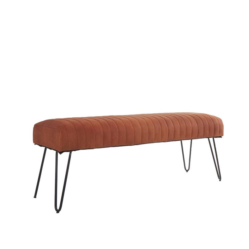 Brown Leather Upholstered Bench with Linear Tufted Panels and Black Metal Hairpin Legs