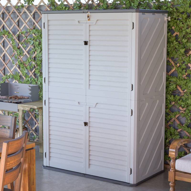 GDFStudio - Hayes Rust Proof Outdoor Equipment Storage for Backyards, Patio, Garden - Partitioned - White+Vertical