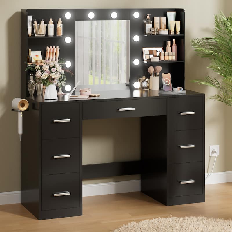 Furniwell Makeup Vanity with Mirror and Drawers Vanity Desk Set with 3 Modes Adjustable Brightness Lights and USB Power Outlet
