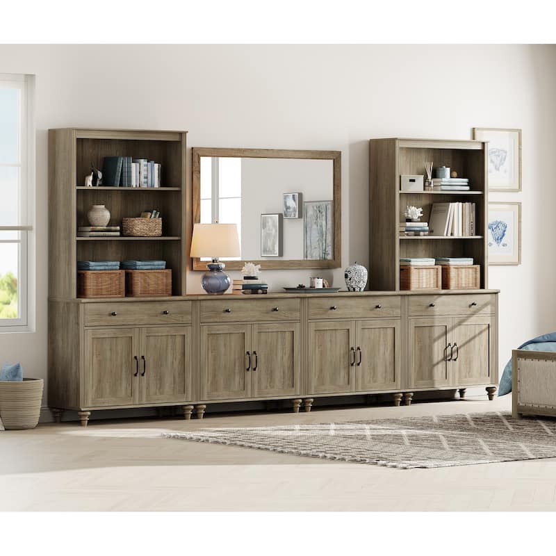 Wash Grey Farmhouse TV Stand with Wooden Doors & Drawers