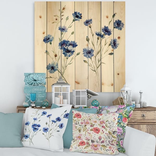 slide 1 of 5, Designart 'Blue Cornflowers With Green Leaves III' Traditional Print on Natural Pine Wood