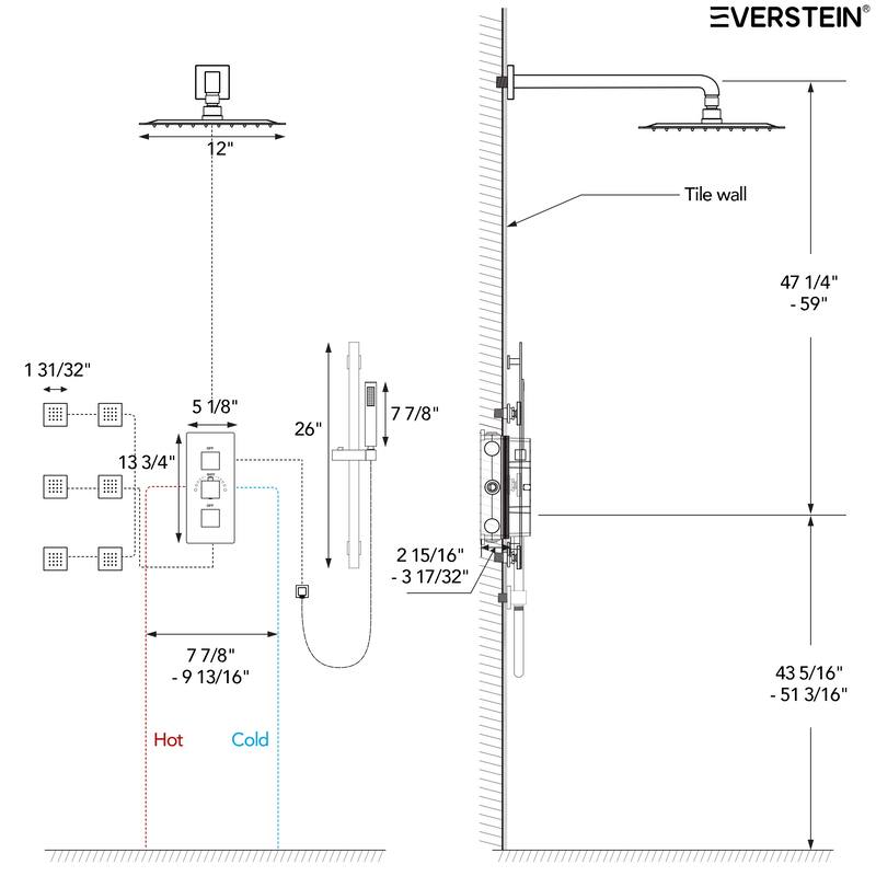 Thermostatic Shower System 12" High-Pressure Rainfall Shower Head with Slide Bar Hand Shower