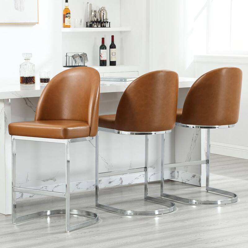 26" Upholstered Counter Stool/ Bar Stools with Metal Legs - 38.8"H x 17.9"W x 20.9"D - Set of 3 - Brown