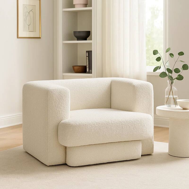 Foxo Retro Oversize Chair, Padded Ivory Velvet, 44 Inch Wide, Solid Wood