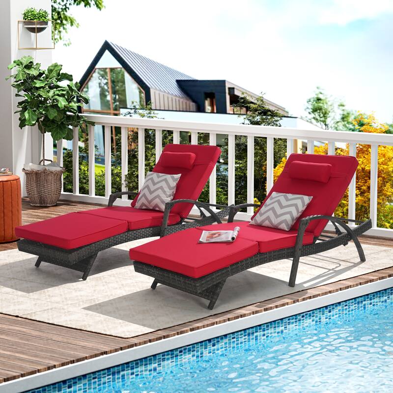 Outdoor Wicker Long Reclining Chair Set of 2, Wicker Reclining Lounge Chair Lawn Sunbathing Chairs for Beach Poolside Garden - Red