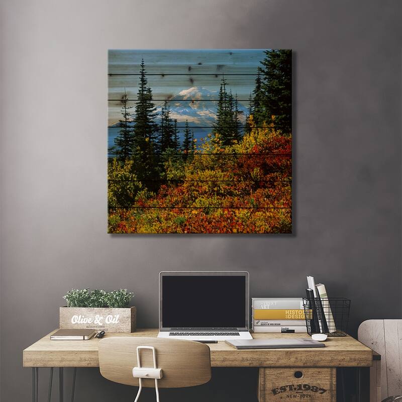 An Autumn Landscape In The Foreground, Mount Rainier National Park, Washington Print On Wood by Charles Gurche - Multi-Color