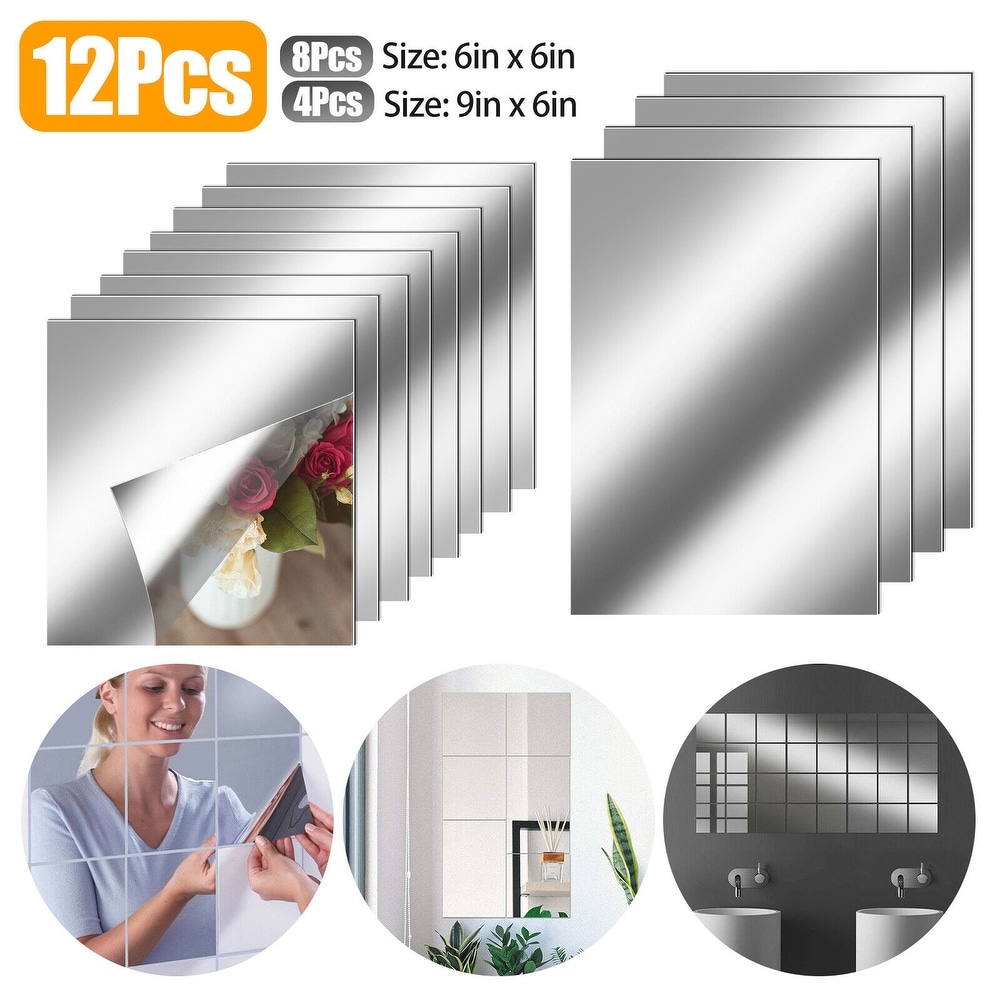 Set of 12 Self-Adhesive Acrylic Mirror Tiles - 12x12 Inch Flexible