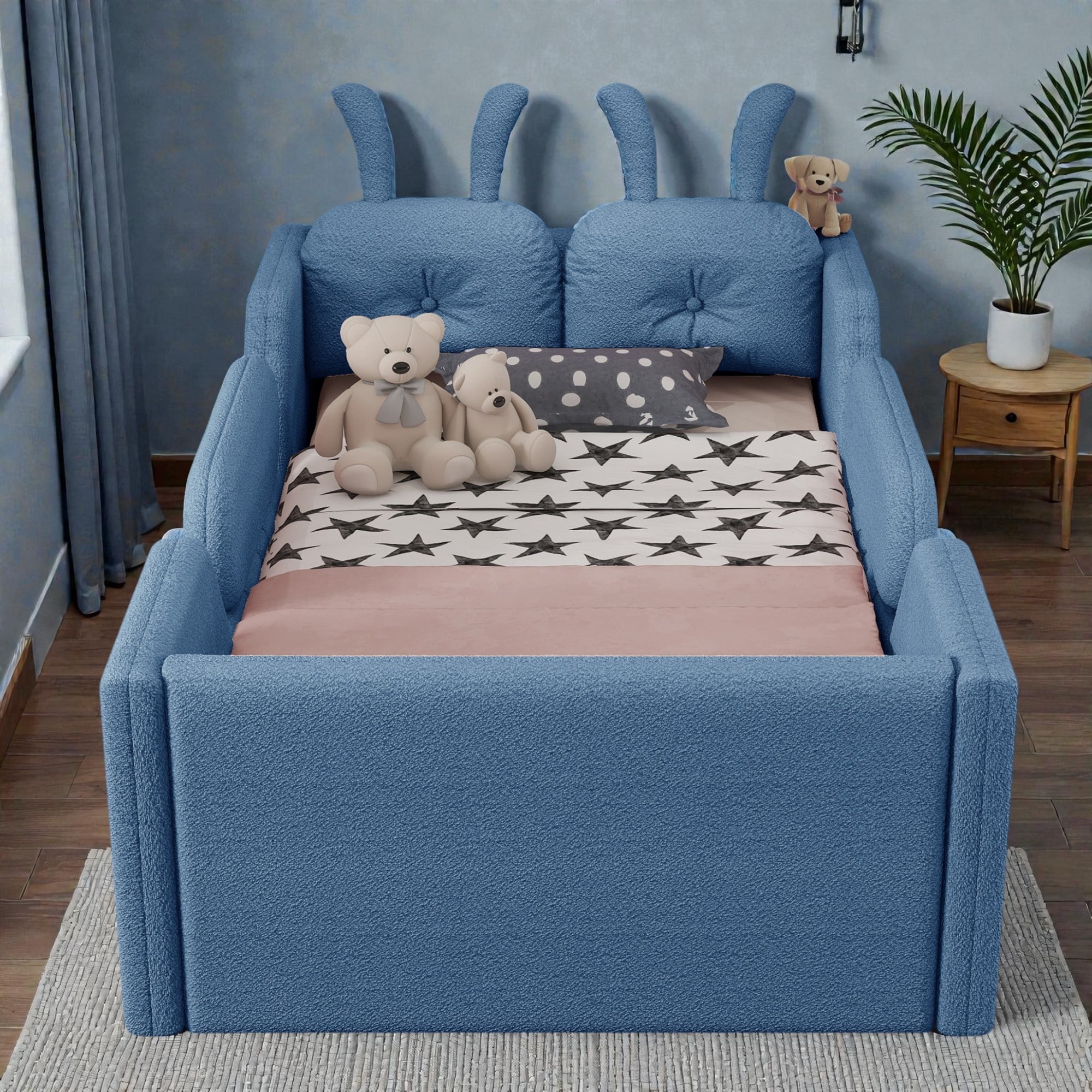 Twin Upholstered Platform Bed with Rabbit Cushions, Kids Floor Bed with Removable Safety Rails and Soft Teddy Fabric