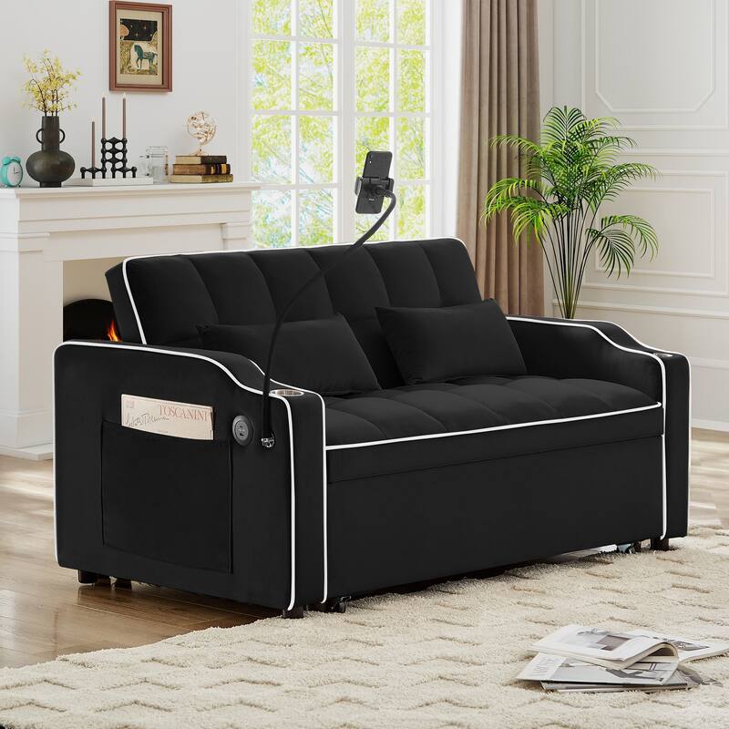 Versatile Foldable Double Seat Recliner,Comfortable Velvet Pull-Out Sleeper Sofa Bed with Side Pockets,Swivel Phone Stand