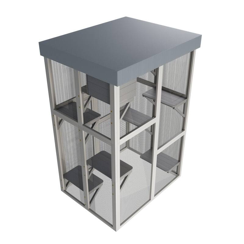 70.5"H Wood Catio Outdoor Cat Enclosure, Cat House Large Solid Wood Cage Playpen with 2 Napping Houses, Movable Tarp Cover