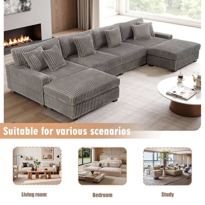 Modular Cotton Flannel Plush Sectional Sofa with Ottomans