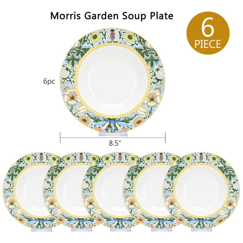 STP Goods Morris Garden Bone China Soup Deep Plate Set of 6 - 8.5"