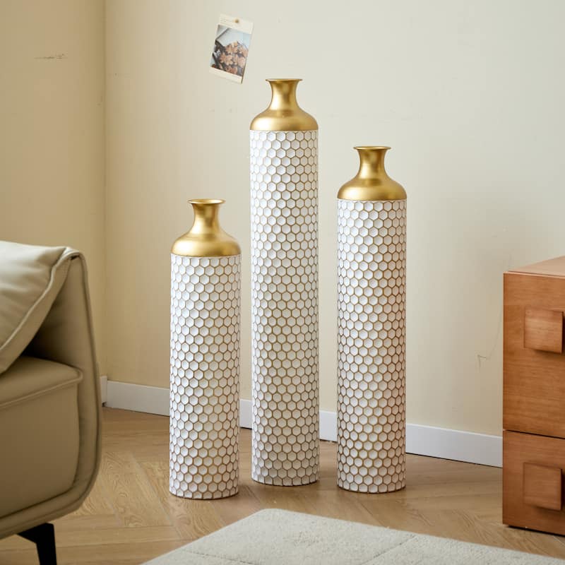 Floor metal vase decoration home droplet shaped white metal vase 3-piece set gorgeous home decoration large glazed metal vase